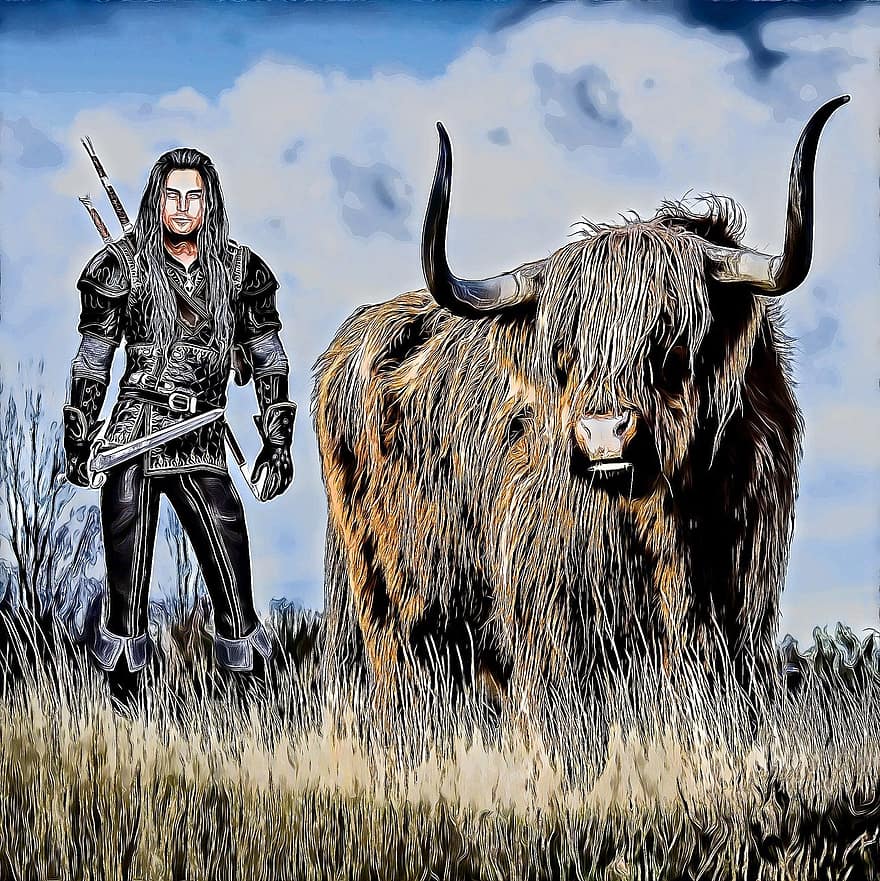 Bull, Man, Grassland, Warrior, Leather, Sword, Fantasy, Cloudy Sky, Weapon, Animal
