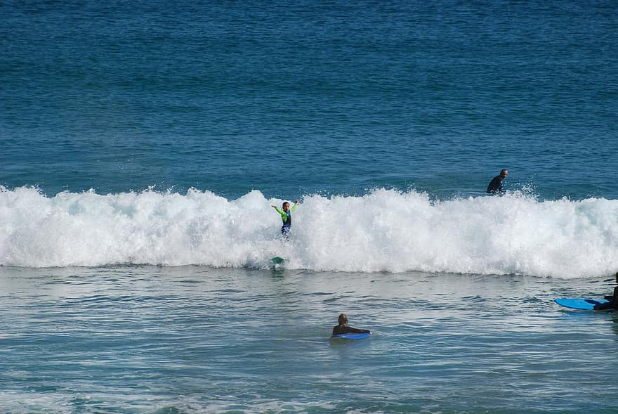 surfing, ocean, plaża, woda, mężczyźni, lato, sport, fala, Sporty ekstremalne, niebieski, wakacje