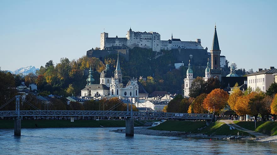 joki, kaupunki, linnoitus, silta, hohensalzburgin linnoitus, rakennus, vanhoja rakennuksia, syksy, historiallinen, linna, määränpää