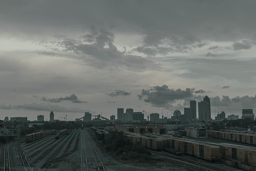 bygninger, togspor, tog, aften, by-, by, Jacksonville