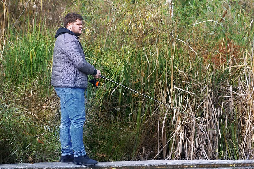 Man, Young, Rod, Fishing, Lake, Vegetation, Autumn, men, one person, adult, males