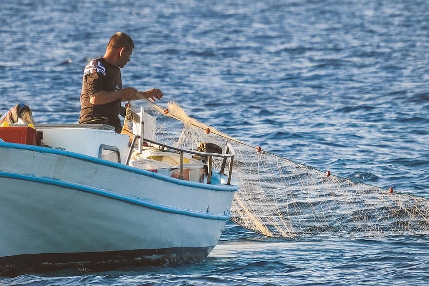 漁師、ボート、ネット、おとこ、漁網、漁船、釣り、水、海、キプロス