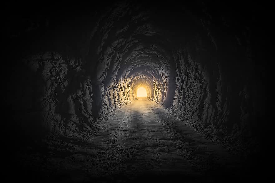 tunel, światło, ponury, ciemny