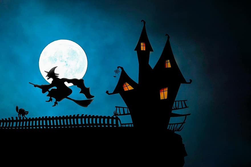 halloween, dom czarownicy, czarownica, miotła, kot, pełnia księżyca, latający, czary, przerażający, wesołego Halloween, 31 października