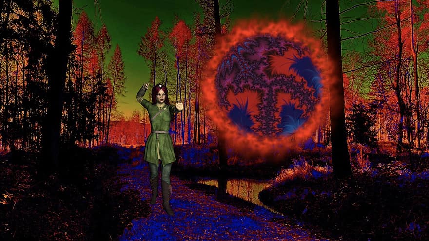 Enchanted Forest, Fairytale Forest, Witch, Fairy, Forest, Sorceress, Fireball, Ring Of Fire, Fantasy, Fairy Tale, women