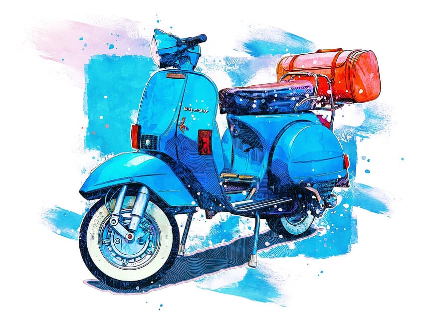 Motorroller, Vespa, isoliert, Juwel, historisch, restauriert, bereit zum Start, Blau, metallisch, Weißwandreifen, Lederner Koffer
