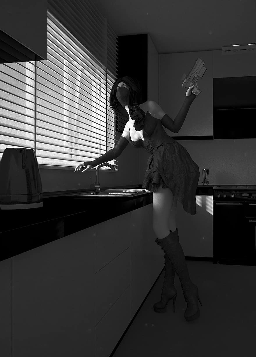 vrouw, 3d model, geweer, keuken-, blinds, hacking, dief