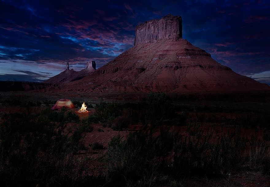 moab, Utah, Desierto, hoguera, paisaje, puesta de sol, montaña, arenisca, Valle del monumento, lugar famoso, oscuridad