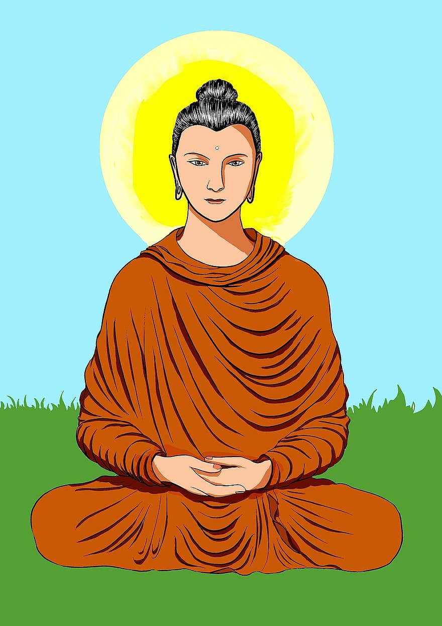 buddyzm, Budda, medytacja, religia, joga, kreskówka, wektor, mężczyźni, ilustracja, duchowość, medytować