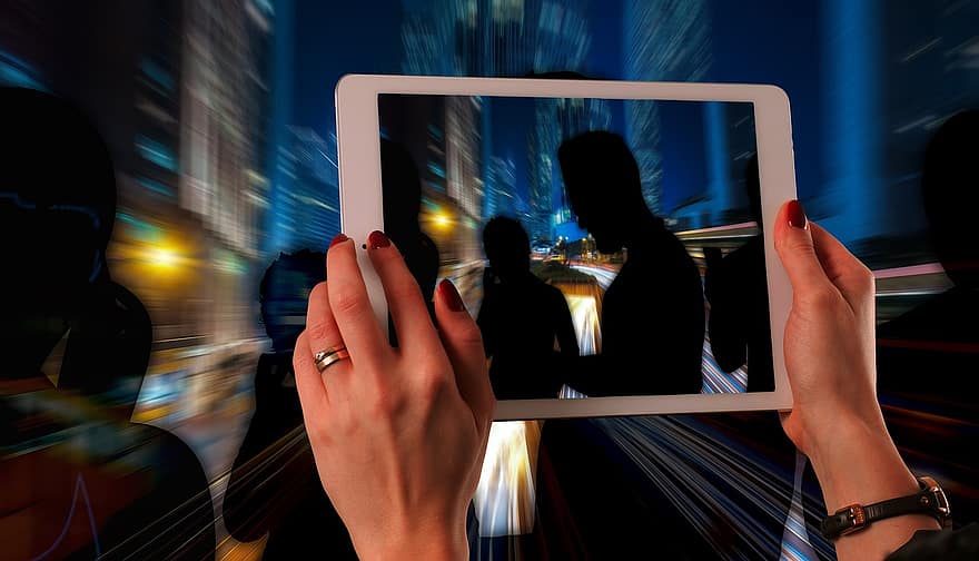 Tablet, Person, Hands, People, Silhouettes, Scene, Speed, Buildings