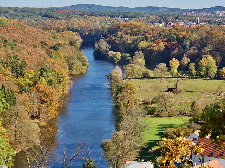 река, городок, падать, осень, деревья, лес, сельская местность, природа, воды, Плзень, Богемия