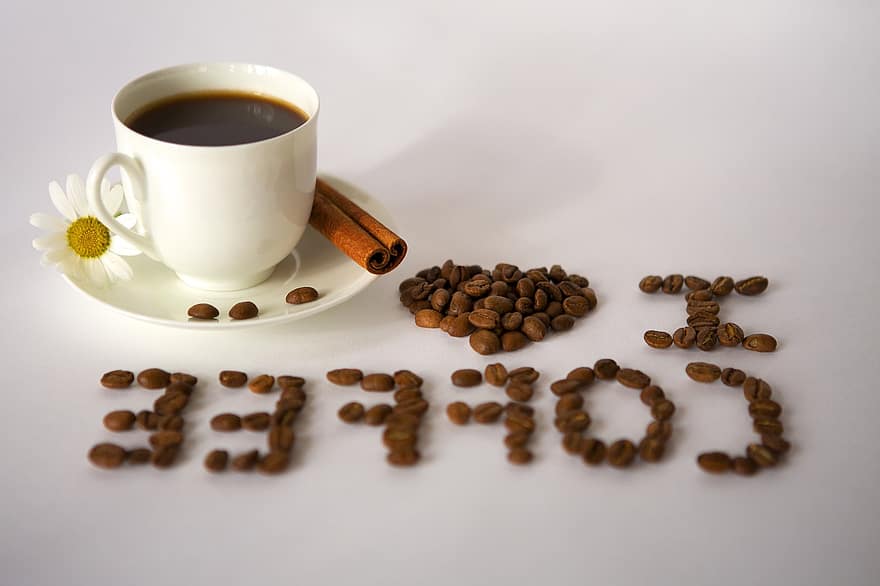 kaffe, kaffebønner, kopp, bokstaver, hjerte, kjærlighet