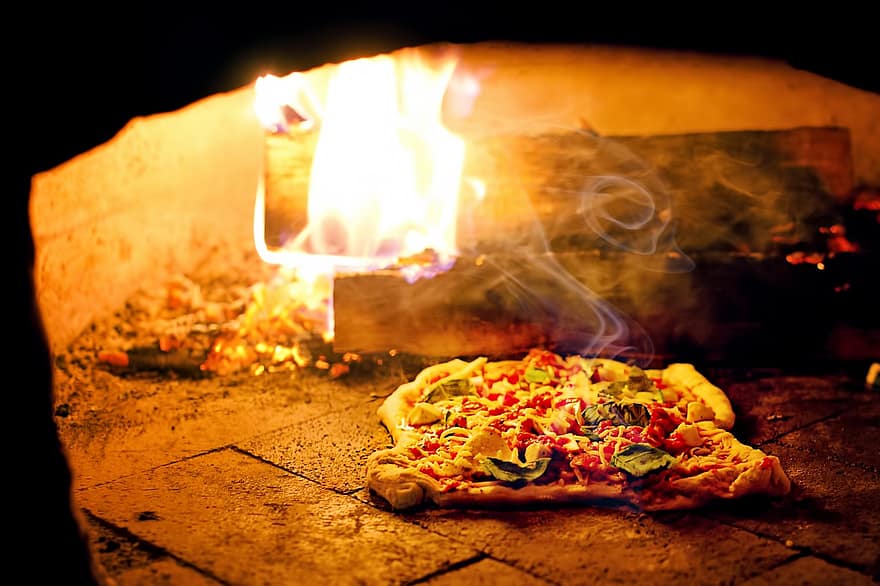 пица, фурна за пица, печка на дърва, пица в пещ, вечеря, готварски