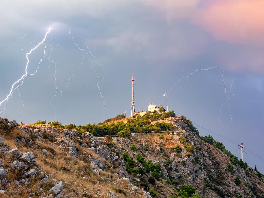 relámpago, naturaleza, fuerte imperial, dubrovnik, Croacia, montañas, tormenta, trueno, clima, electricidad, azul