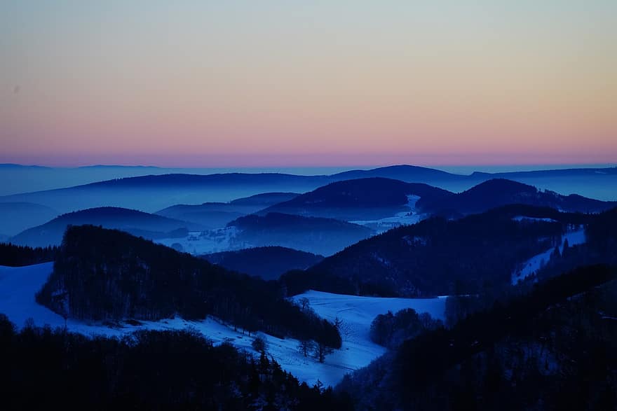 belchenflue, svájci jura, téli, nebellandschaft, kék óra, napnyugta, télies, téli hangulat, hegység
