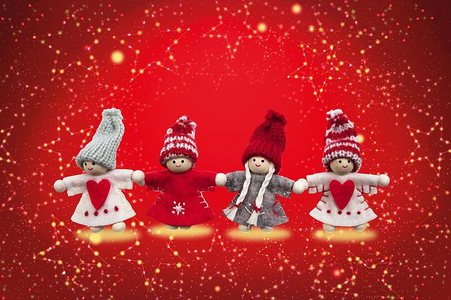 クリスマス、天使、手仕事、編み物、心臓、星、赤、黄、明るい、クリスマスカード、はがき