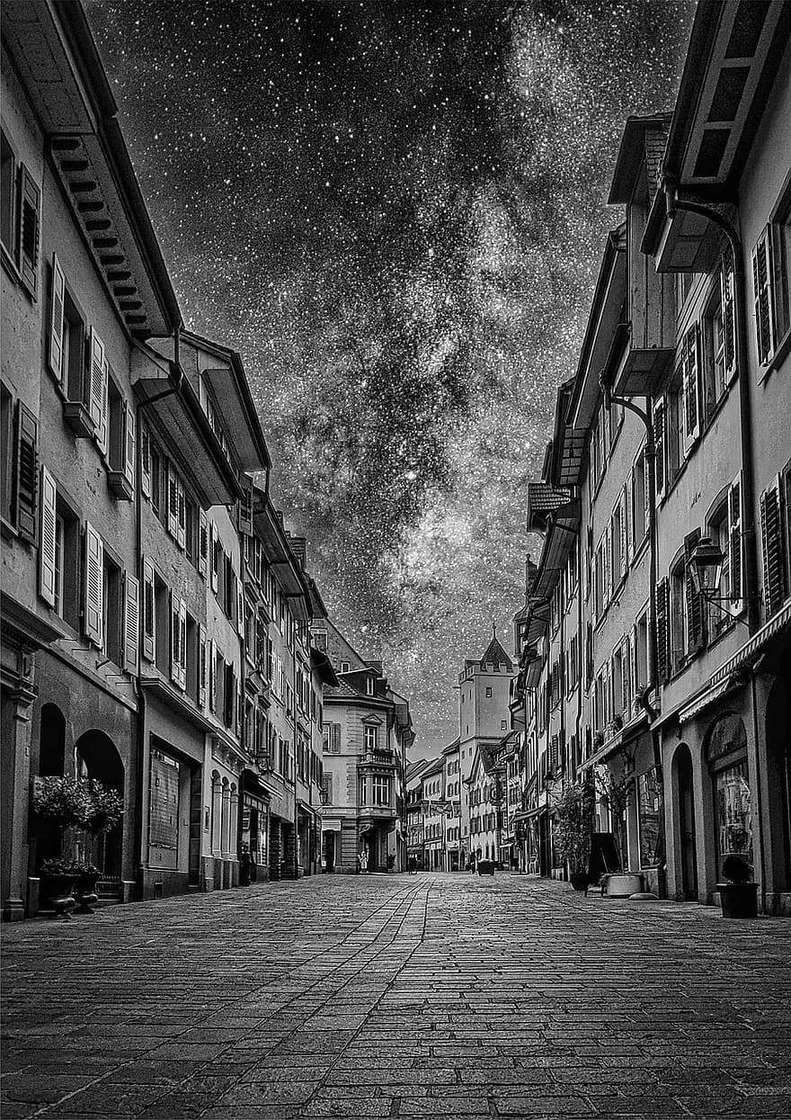 strada, edifici, via Lattea, marciapiede, città vecchia, stelle, universo, città, foto notturna, rheinfelden, Svizzera