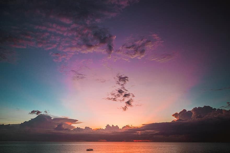solnedgang, hav, skyer, ocean, horisont, skumring, tusmørke, efterglød, skyscape, marinemaleri, himmel