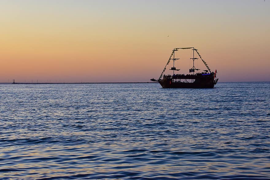 Sea, Ship, Sunset, Summer, Landscape