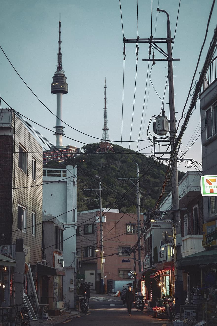 Sydkorea, gade, skumring, solnedgang, seoul, by, landskab, filmfotografering, bybilledet, byliv, arkitektur