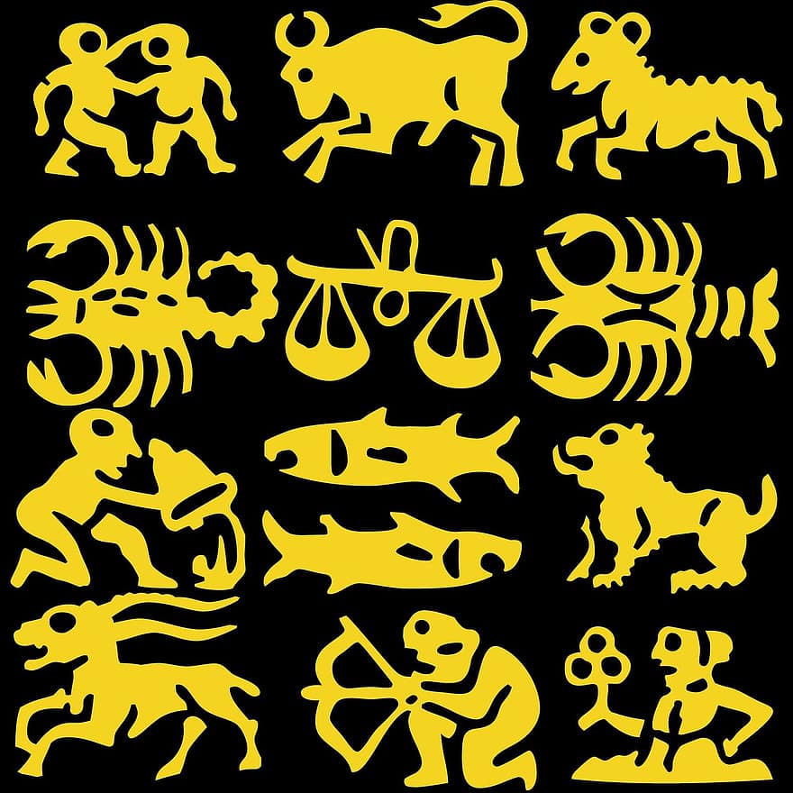 干支、符号、兆候、シルエット、黒、ルネッサンス、ゴールド、牡羊座、おうし座、ジェミニ、癌