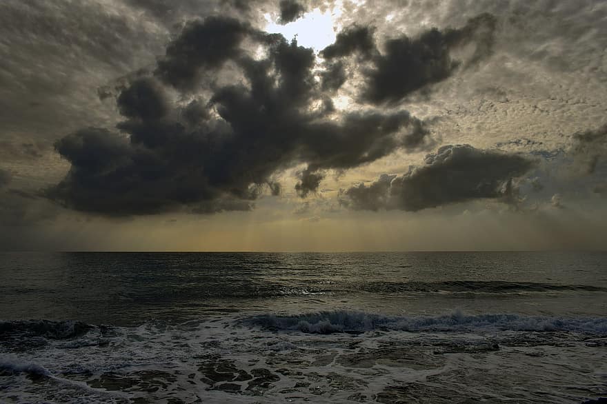 deniz, gökyüzü, bulutlar, plaj, ufuk, dalgalar, okyanus dalgaları, kıyı, sahil, bulutlu, bulutlu gökyüzü
