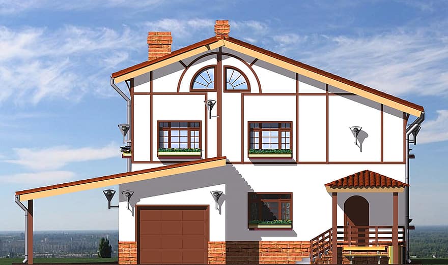Dům, chalupa, 3d, poskytnout, design, architektura, fasáda, střecha, exteriér budovy, okno, ilustrace