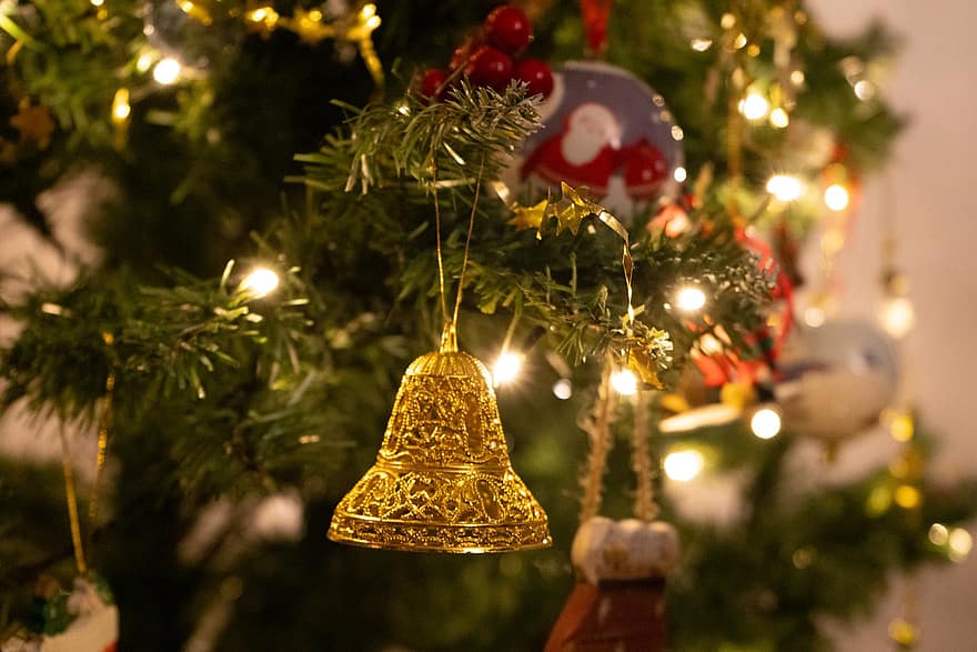 dzwon, ozdoby, drzewo, kulki, Boże Narodzenie, złoto, dekoracja, zimowy, grudzień, uroczystość, bokeh