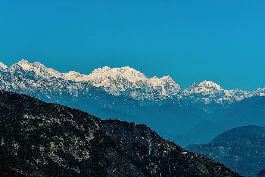 Berge, Schnee, Himalaya, Gipfel, Tal, Sikkim, Landschaft, Natur, Indien, Reise, Tourismus