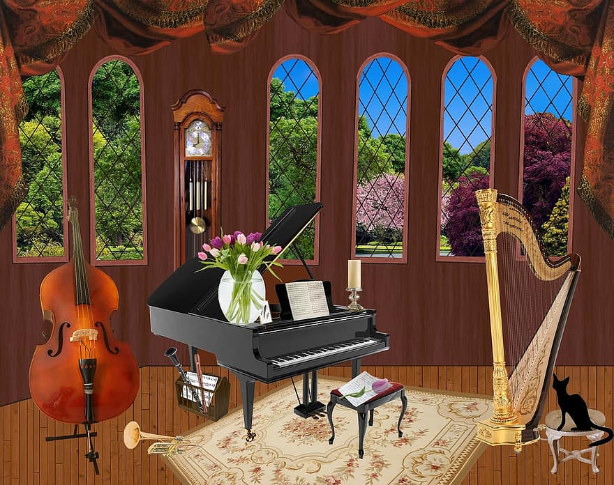 muziek-, musici, muziekinstrument, viool, fluit, instrumenten, piano, opnemer, harp, ramen, grootvader klok