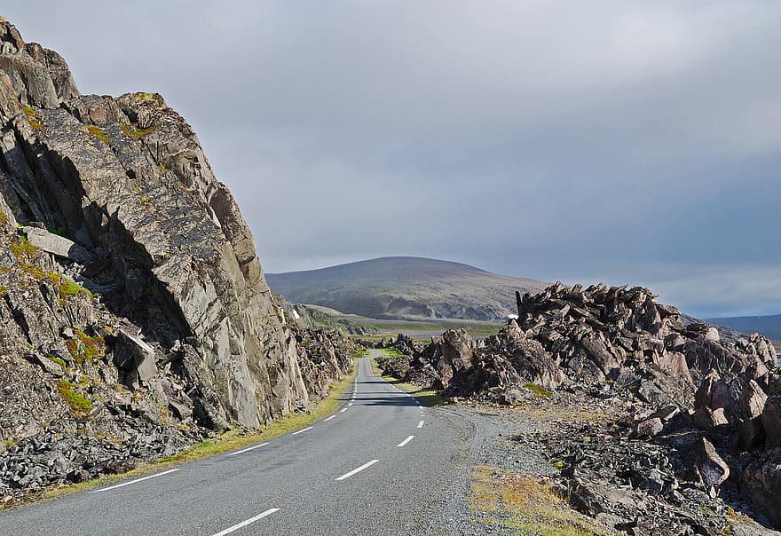 Road, Highway, way, Asphalt, Meander, Stone, Rock, Cliff, Diminishing Perspective, Mountain, Sky