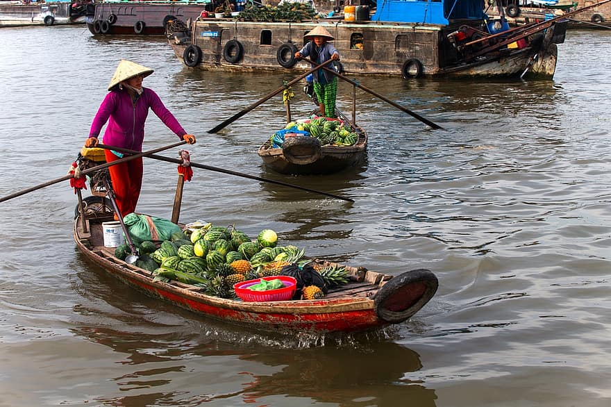 Barche, fiume, canottaggio, mercato fluttuante, Mekong, Vietnam, fiume Mekong, delta del Mekong, popolo vietnamita, occidentale, turismo vietnam