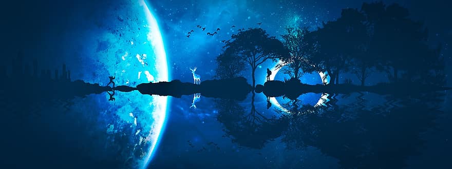 Fantasie, Planet, Hirsch, Nacht-, Silhouette, Reflexion, Wasser, Bäume, Natur, Licht, surreal