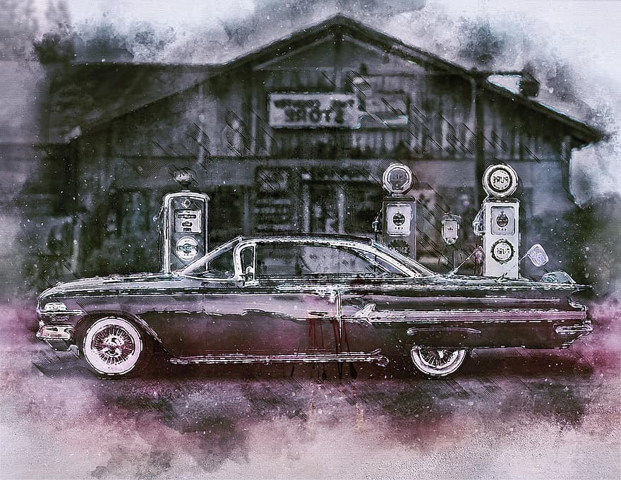 cotxe, vintage, clàssic, personalitzat, col·leccionista, chevy, chevrolet, impala, anys seixanta, vehicle, gasolinera