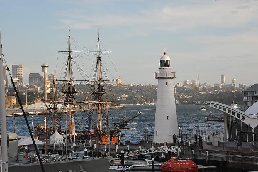 Lighthouse, Ocean, Ship, Port, Pier, Coast, Shore, Sydney, nautical vessel, sailing, shipping