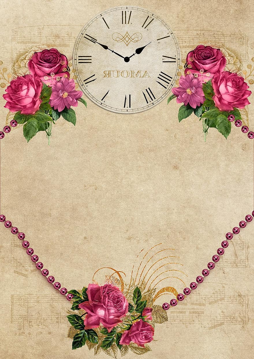 trandafiri, ceas, margele, hârtie, buchet de trandafiri, nobil, epocă, roz, roșu, spațiu copie, drăguț șic