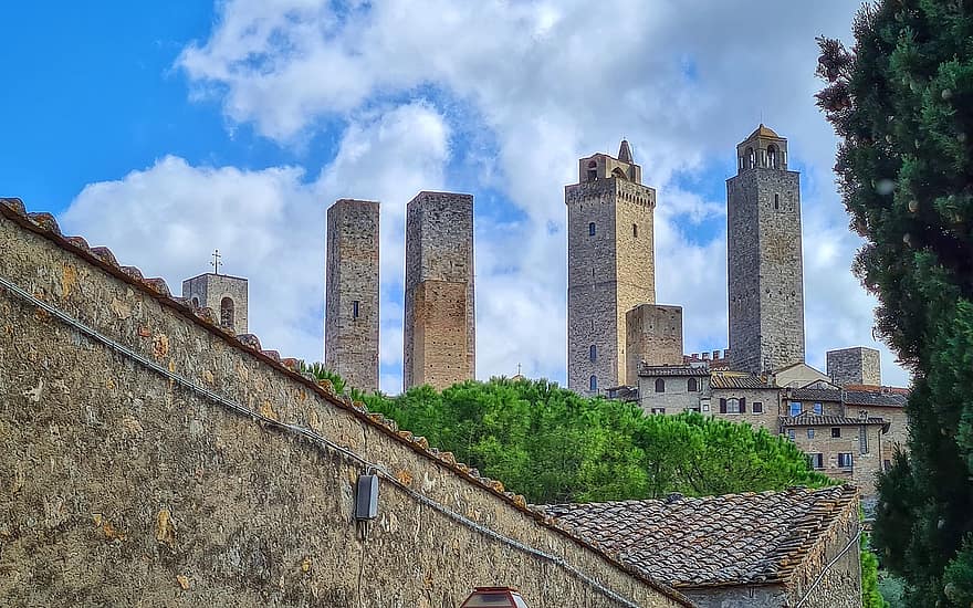 reizen, toerisme, Europa, San Gimignano, Italië, Toscane, torens, landschap, historisch centrum