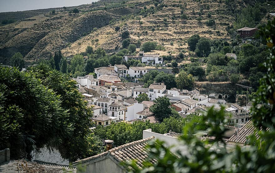 Spanien, landsby, landdistrikterne, landskab, landskabet, bakke, by, beboelse, antenne skud, panorama