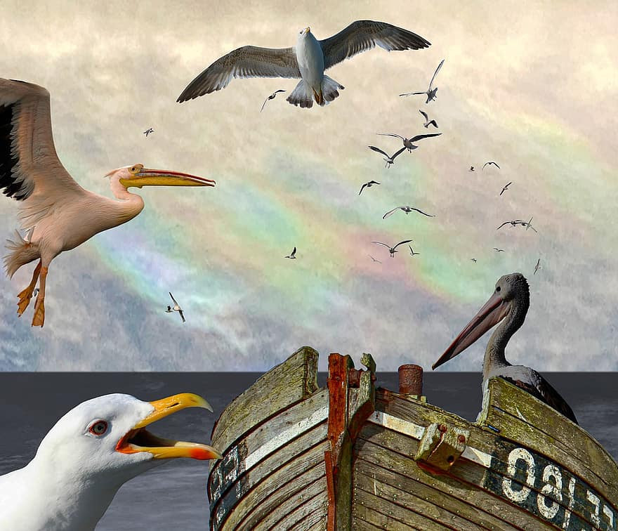 păsări, barcă, mare, pelicani, pescăruși, păsări de mare, naufragiat, ocean, animale, zbor, pescăruş de mare
