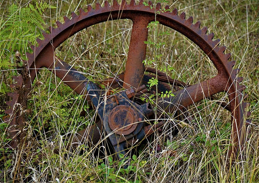 utstyr, Rustent utstyr, gammelt utstyr, washington state, Engelsk leir, gammel, rusten, hjul, metall, gress, stål