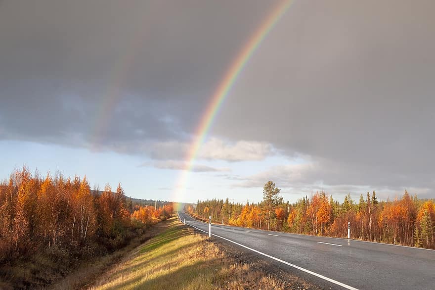 Rainbow, Autumn, Road, Nature, Season, Fall