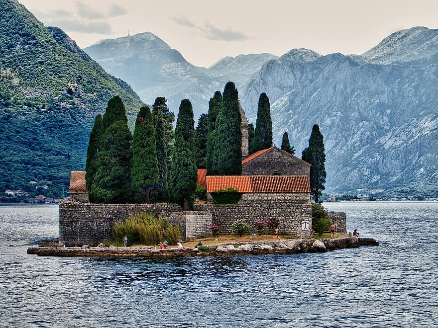 saloje, vienuolynas, įlankoje, kalnai, pastatas, Mažoji sala, įlankos, įleidimo angą, šventosios georgijos, kotor, montenegro