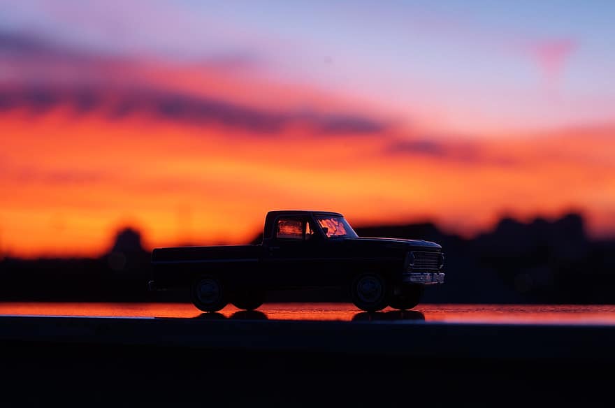 tramonto, camion, die cast, auto, Raccogliere, giocattolo pressofuso, Modello da collezione, silhouette