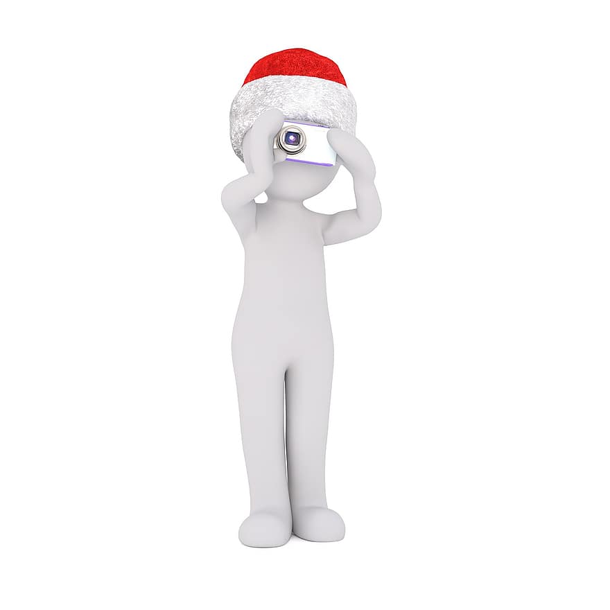 bílý samec, 3D model, postava, bílý, Vánoce, klobouk santa, fotograf, fotografie, Fotoaparát, plné tělo, objektiv
