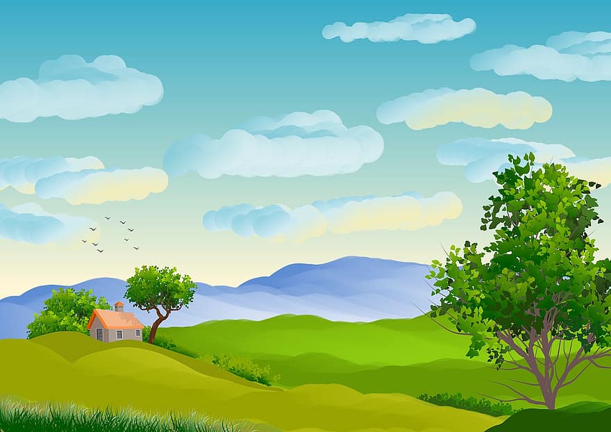 ilustração, fundo, panorama, natureza, céu, nuvens, azul, verde, papel de parede, cênico, horizonte