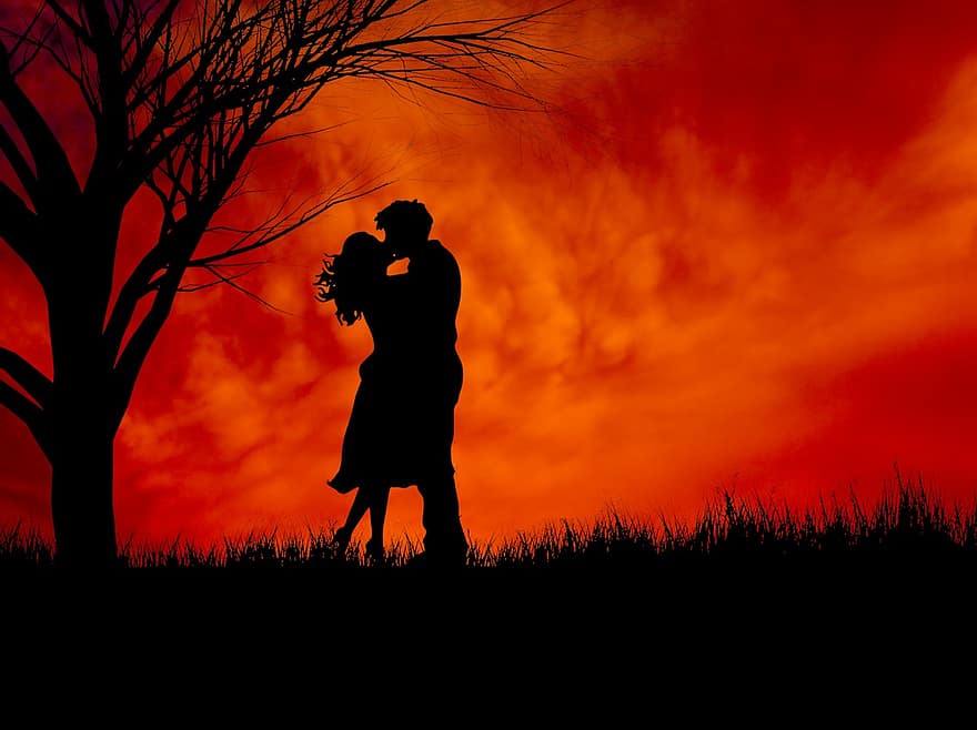 le coucher du soleil, couple, romance, amour, romantique, personnes, ensemble, crépuscule, deux, été, la passion