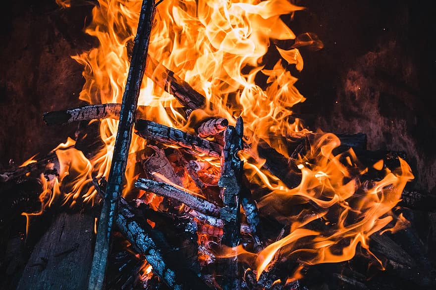 brand, bål, lägereld, brinnande, camping, öppen spis, flammar, värme, utomhus eld