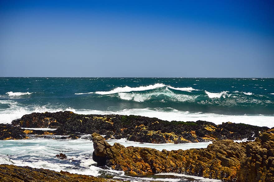 hav, vågor, kust, stenar, vatten, marinmålning, kustlinje, hermanus, Sydafrika, blå, himmel