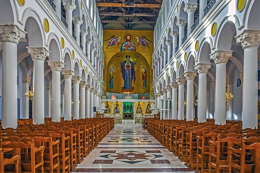 biserică, interiorul bisericii, arhitectură, religie, creştinism, bazilică, agios arsenios, kyperounta, cipru, catedrală