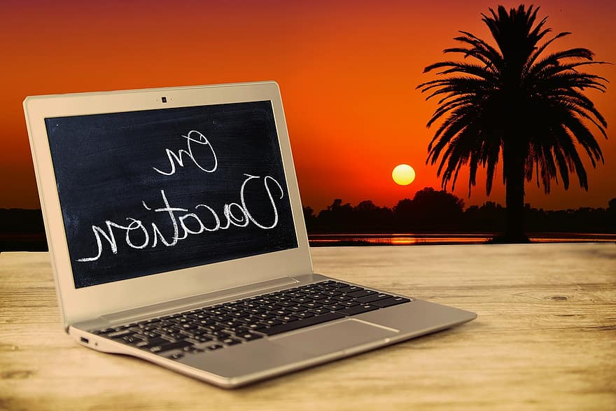 wakacje, zachód słońca, laptop, stół obiadowy, drewno, Palma, słońce, monitor, ekran, nieobecny, krajobraz